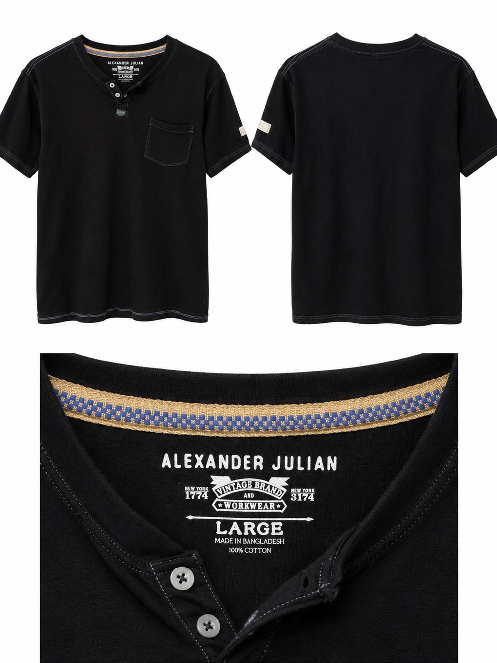 Alexander Julian Black Short-Sleeve Henley with Chest Pocket